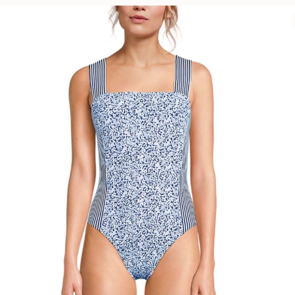 NWT Land's End Square Neck High Leg One Piece Swimsuit